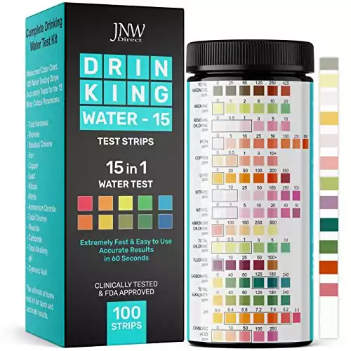Drinking Water Test Kit - 15-in-1 Chlorine Drinking Water Test Strips with eBook - Lead Testing Kits for Drinking Water - Test Iron, Bromine, pH, Hardness, and More - 100 Tests - JNW Direct